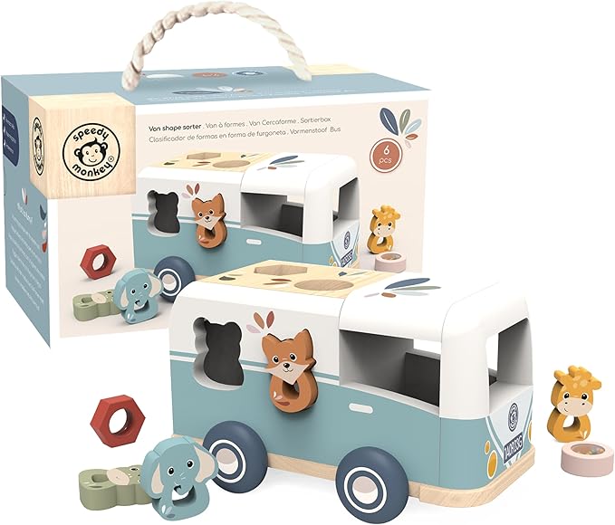 SPEEDY MONKEY Wooden Van Shape Sorter for Toddlers 12m+ | Colorful Shape Sorting Toy for Kids | Educational Vehicle Toy for Fine Motor Skills, Hand-Eye Coordination & Early Learning Activity Play