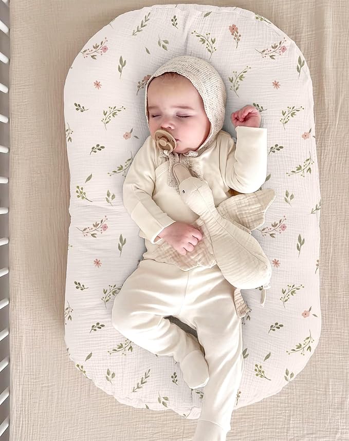 Muslin Baby Lounger Cover 2 Pack, Soft Breathable Newborn Lounger Pillow Cover for Boys Girls Infant (Flower F & Pink)