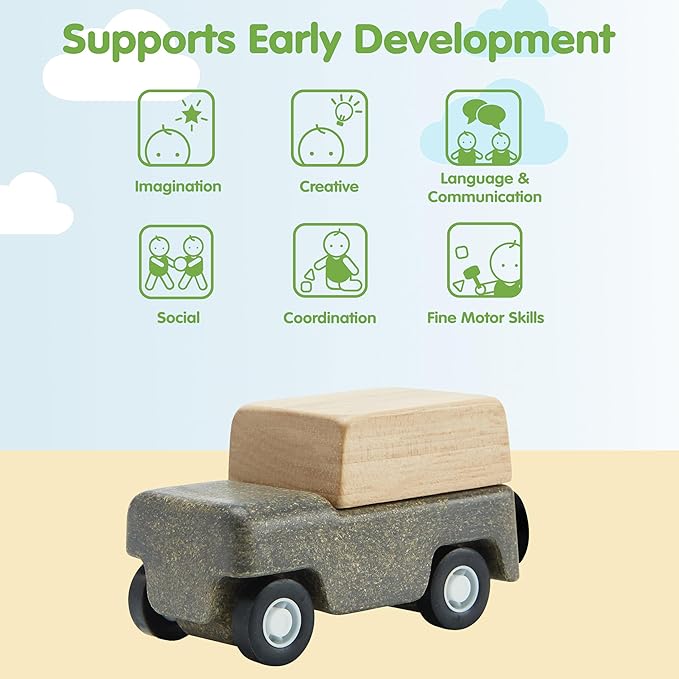 PlanToys® Grey Wagon Wooden Montessori Pull Along Toy | Early Movement, Balance and Practical Life Exploration | Eco Friendly Wagon for Indoor and Outdoor Play