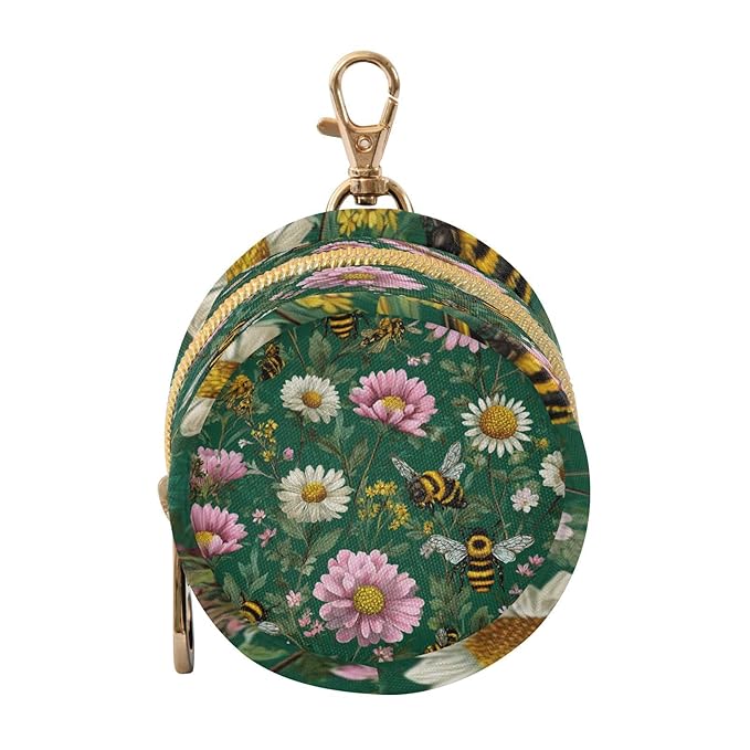 Pacifier Holder with Clip Pacifier Case for Diaper Bag Round Baby Pacifier Pouch Box Bag Portable Dark Green Bees and Flowers