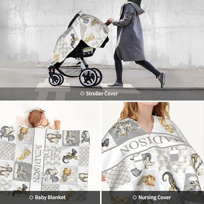 Personalized Baby Car Seat Canopy for Boys and Girls, Custom Name Baby Car Seats Covers for Babies, Opening Minky Nursing Breastfeeding Stroller Cover Infant Carseat Canopies for Newborn (Cute Dragon)