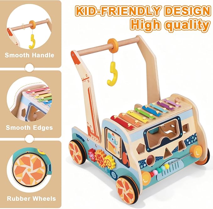 Wooden Baby Walker with Activity Center – Montessori Push Toy for Boys & Girls | Sit-to-Stand Walker for 10-12 Months & Toddlers 1-3 Years, Learning to Walk Gift