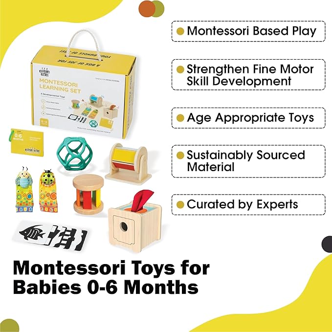 Montessori Toys for Babies 0-6 Months - 6-in-1 Educational Sensory Development Kit with Rolling Bell, Magic Tissue Box, Spinning Drum & More