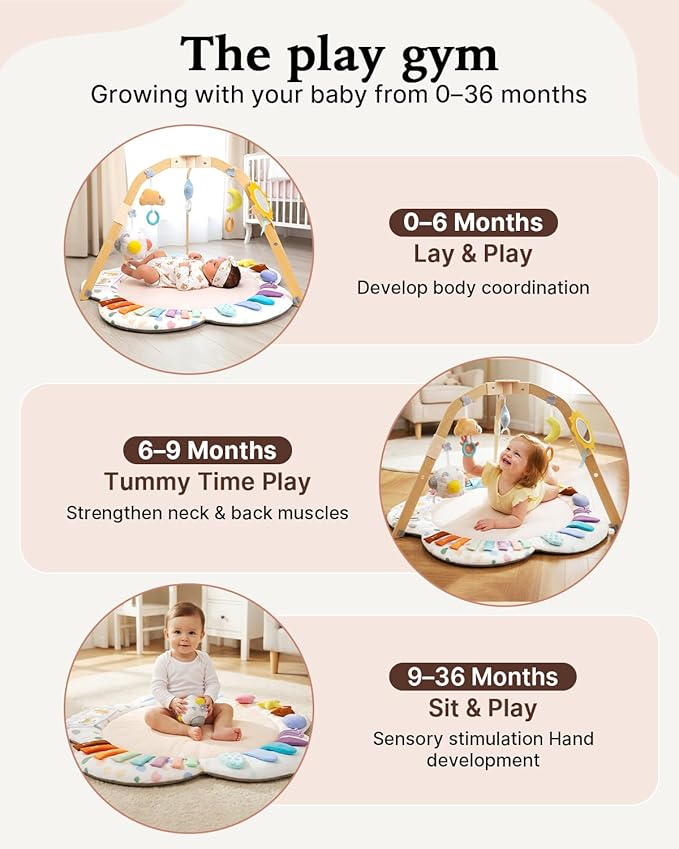 BubblePanda Baby Play Gym & Play Mat with Wooden Frame, Tummy Time Mat with Developmental Activity Zones & Detachable Sensory Toys for Motor Skills & Sensory Development for Baby Toddler