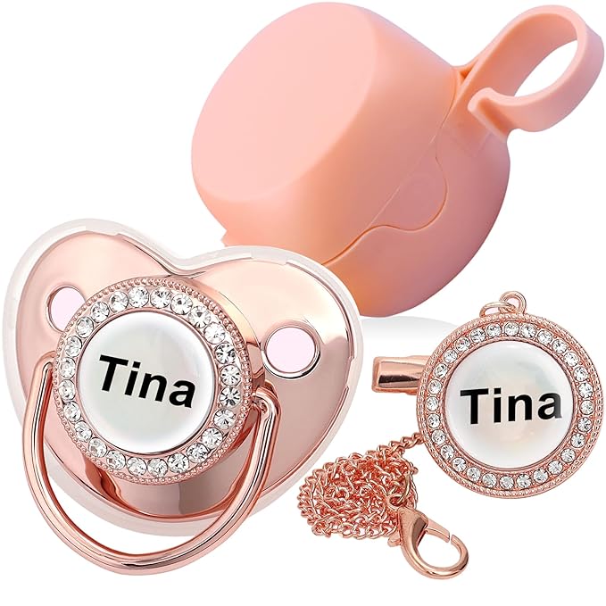 Personalized Pacifier with Name, Bling Gold Pacifier Clip Set Storage Box, Customized Halloween and Christmas Glitter Crystal Luxurious Soother Ideal Gift for Baby Shower Photography Newborn (Pink)