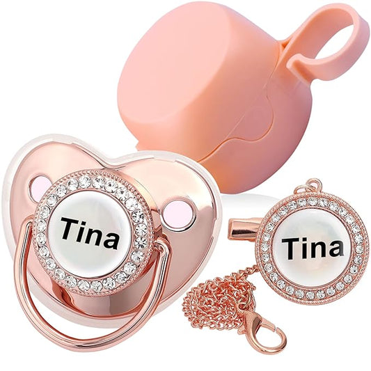 Personalized Pacifier with Name, Bling Gold Pacifier Clip Set Storage Box, Customized Halloween and Christmas Glitter Crystal Luxurious Soother Ideal Gift for Baby Shower Photography Newborn (Pink)