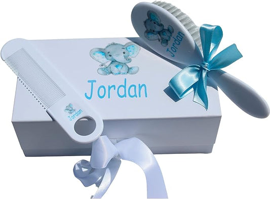 Personalized Baby Gift - Baby Brush and Comb Set, Suitable for Ages 0-3 Years, Blue Elephant, Gentle Cleansing