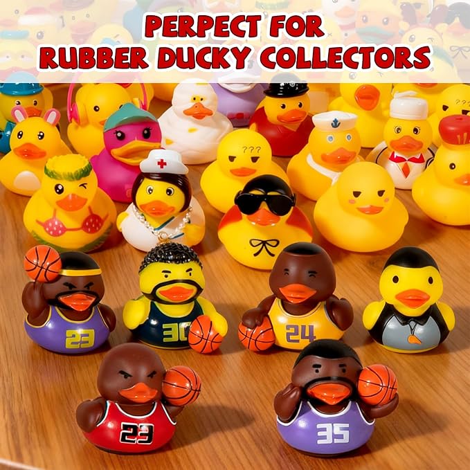 6 Pcs Sealed Bath Toys for Toddlers 1-3, No Hole Rubber Ducks Basketball Sports Theme, Water-Tight Floating Infant Bathtub Toys & Car Ducking Game Accessories