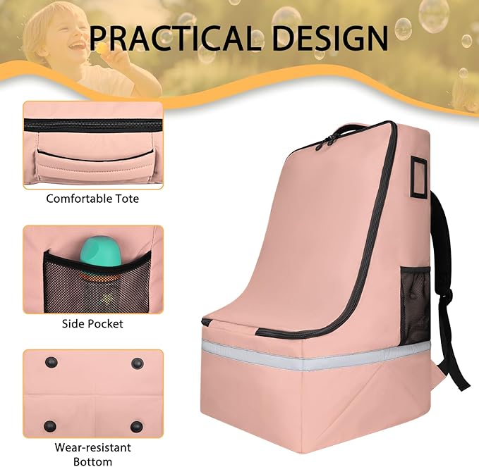 LARIPOP Car Seat Travel Bag for Airplane, Universal Gate Check Car Seat Bag, Padded Backpack with Waist Belt, Reflective Strips & Protective Feet, Fits Infant Convertible Booster Seats, Flesh