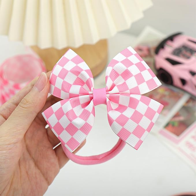 Pink Hair Bows for Girls Racing Baby Bow Checkered Flag White Bow Elastic Nylon Headband for Infant Toddler Newborn Hair Accessories Gift