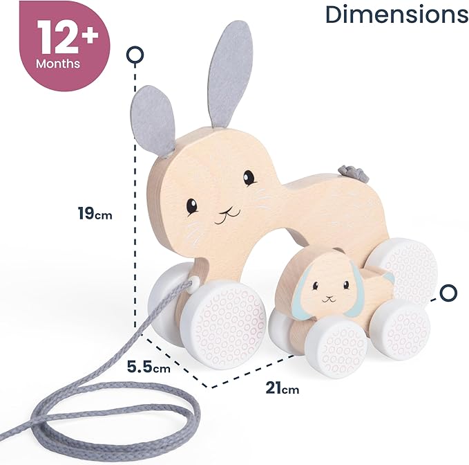 Bigjigs Toys FSC® Certified Bunny & Baby Pull Along Toy - Eco-Friendly Rabbit Pull Along with Cord & Baby Bunny Push-Along, Quality Pull Along Toys for 1 Year Olds, Wooden Baby Toys