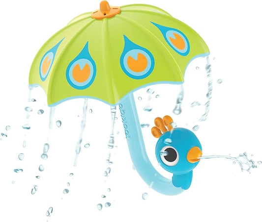 Yookidoo Baby Bath Toy (Ages 1-3) Green Peacock Umbrella Water Sprinkler with 3 Moving Pieces (Mold Free) - Fill with Water for Bubbles, Spinning & Sprinkler Effects - Toddler Bath Time & Pool Fun