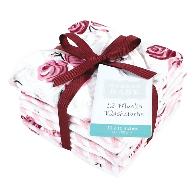 Hudson Baby Unisex Baby Cotton Muslin Washcloths, Rose, One Size