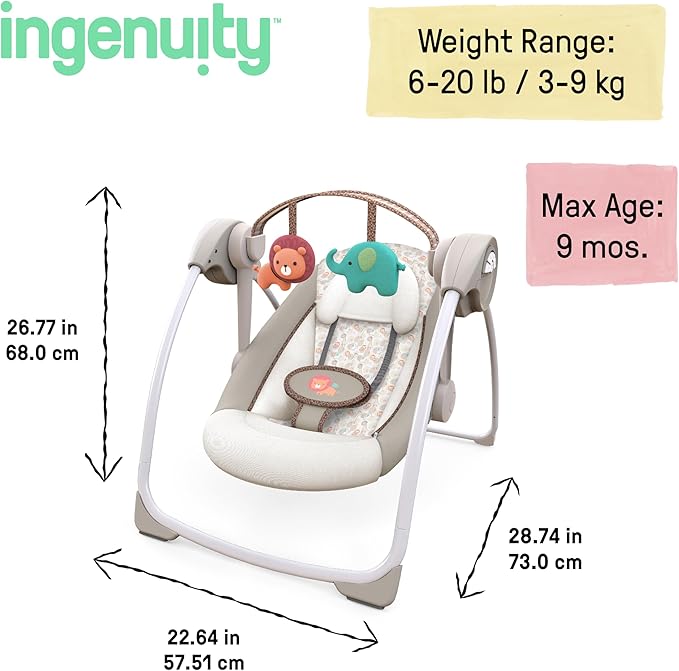 Ingenuity Soothe 'n Delight Compact Portable 6-Speed Plush Baby Swing with Music, Folds Easy, 0-9 Months 6-20 lbs (Cozy Kingdom)