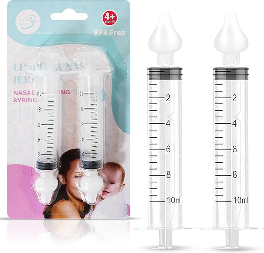 Bluet B - Baby Nasal Syringe (2-Pack) - Safe Silicone Nasal Aspirator for Newborn - Infant Mucus Removal - 10ml Nose Cleaner Syringe for Baby - Toddler Congestion Relief - Reusable Tips - White