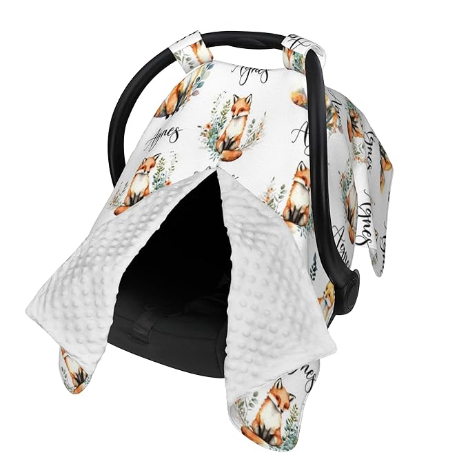 Personalized Winter Carseat Cover for Baby Custom Name Car Seat Canopy for Newborn Baby Boys Girls 2 in 1 Mom Nursing Breastfeeding Covers Fox Minky Baby Carrier Stroller Covers