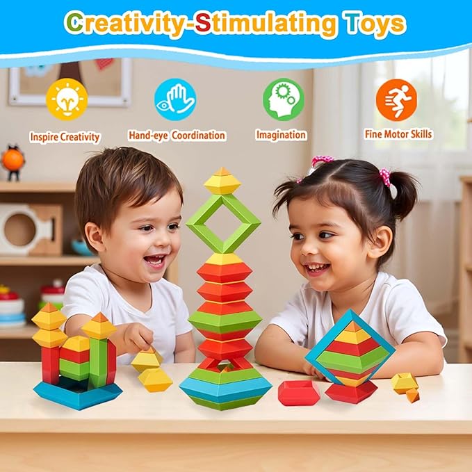 48 PCS Building Block Stacking Toys Kids 3 4 5 6 Year Old, Educational STEM Toys for Boys Girls, Developmental Learning Sensory Gifts for Birthdays