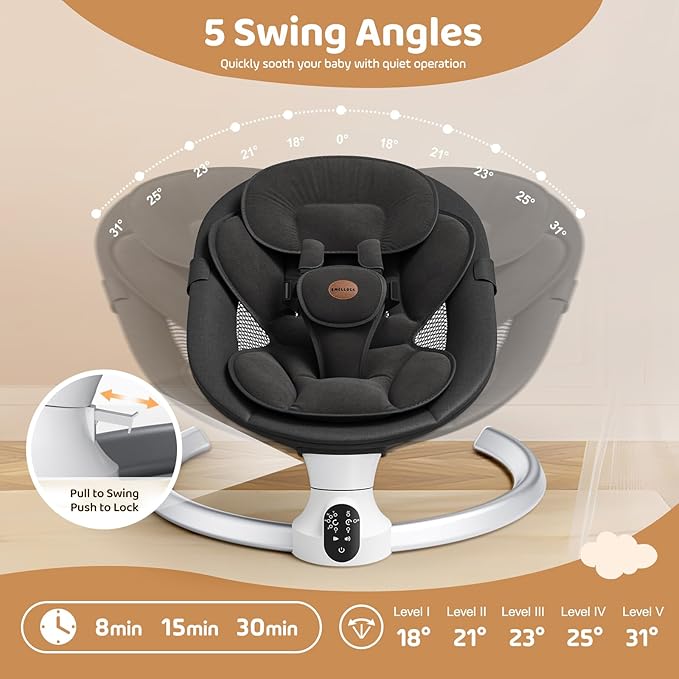 Baby Swings for Infants - Exclusive App & Bluetooth Function, Electric Baby Swing with 5 Point Harness & 5 Sway Speeds, 10 Preset Lullabies, Portable Infant Swing for Indoor/Outdoor (Black)