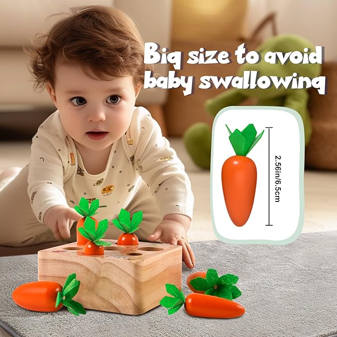 Montessori Toys for 1 Year Old, Montessori Baby Carrots Toy for 6-18 Months, Educational Wooden Carrot Harvest Game for Shape Sorting & Easter Toys, Birthday Easter Gifts for Babies Boys Girls