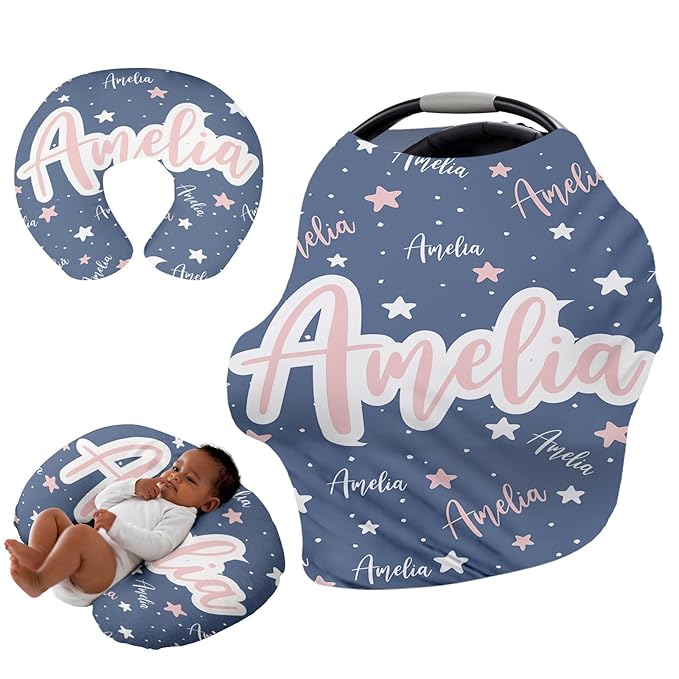 Personalised Car Seat Cover for Girls and Boys - 7 in 1 Multipurpose Breast Feeding Cover, Blue Star Nursing Cover, Grocery Cart Cover - Birthday Gift for Babies