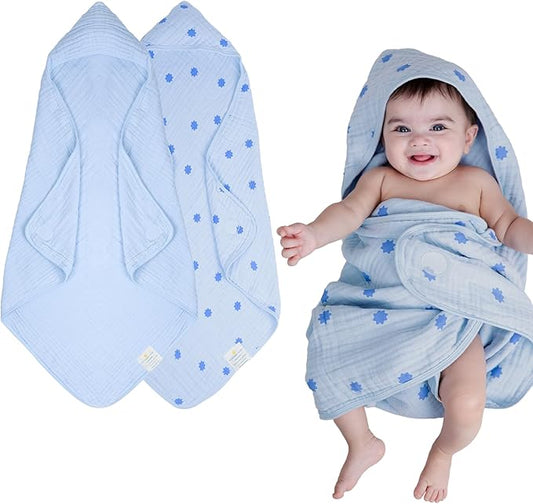 Hands-Free Hooded Towel 100% Organic Premium Muslin Cotton, 30" x 30", Ultra-Absorbent, Soft, Breathable, Hypoallergenic, Multipurpose, Gifts for Babies & Infants, Pack of 2