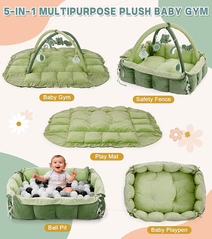 5-in-1 Baby Play Gym and Tummy Time Mat, 12 Learning Cards, Plush Activity Mat with 6 Toys, Convertible to Ball Pit, Baby Gift, Green
