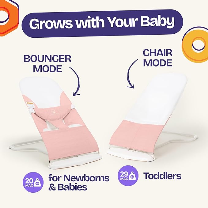 ComfyBumpy Ergonomic Baby Bouncer Seat - Bonus Travel Carry Case - Safe, Portable Bouncing Chair with Adjustable Height Positions - Infant Bouncy Seat Perfect for Newborn Babies (Pink)