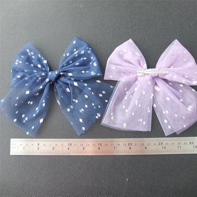 Large Tulle Hair Clips for Baby Girls and Women - Lace Bow Cottagecore Lightweight Gauze Barrettes Accessories (Fresco and Navy Foil)