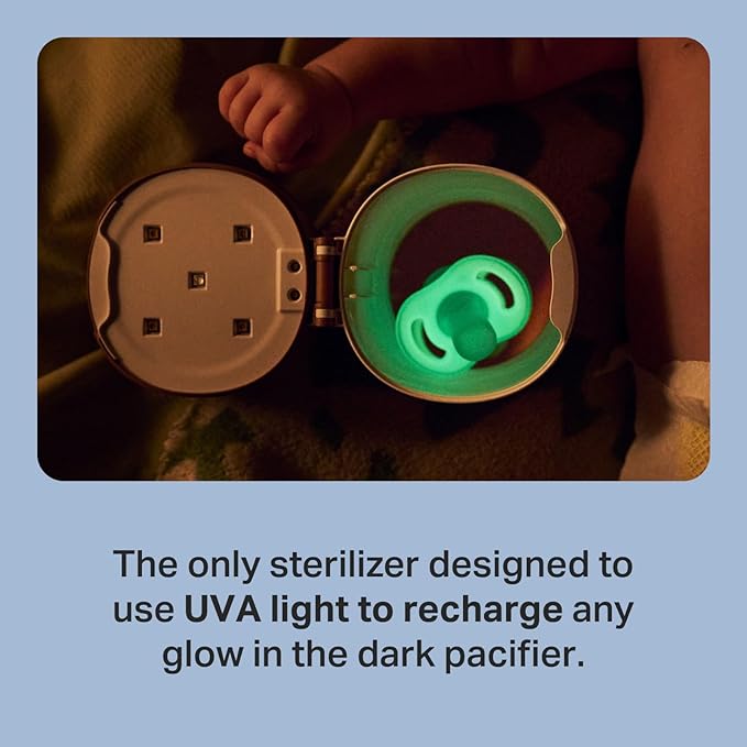 Tommee Tippee Pacifier Travel Sterilizer Case with 0-6M Ultra-Light NightGlow Pacifier, Glows in the Dark Charges in 2 Minutes, Portable UVC Sterilizer, AA Lithium Battery or USB Charge