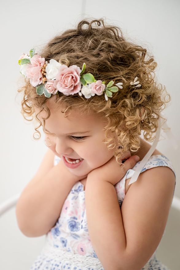 Flower Girl Flower Crown Pink Baby Girls Floral Headpieces Kids Headband Children Hair Wreath Photo Prop (Blush pink-Child Size)