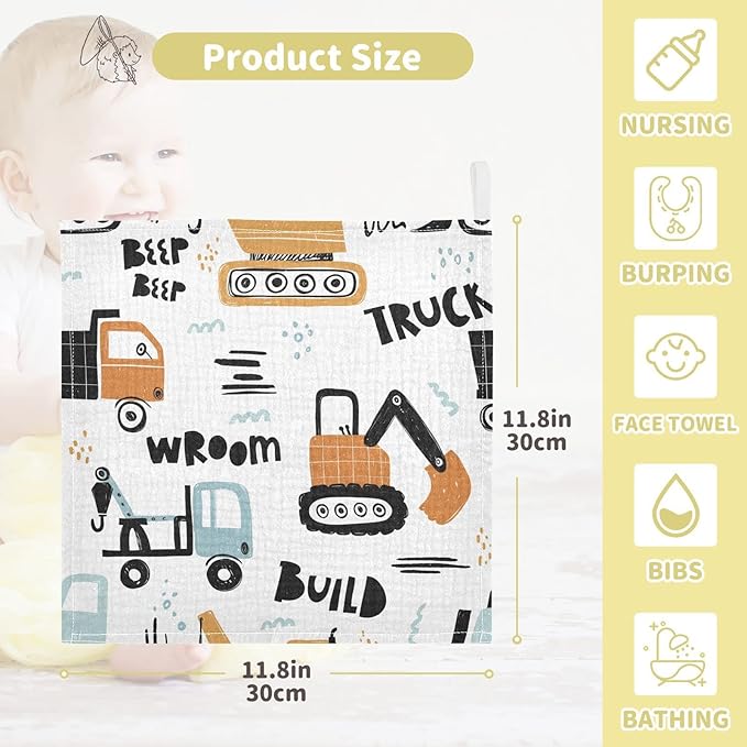vvfelixl Building Equipment Construction Transpor Baby Burp Cloths, Baby Muslin Washcloths for Boys Girls, Cotton Baby Face Towel for Newborn Infants Soft and Absorbent 11.8 X 11.8 in, 5 Pack