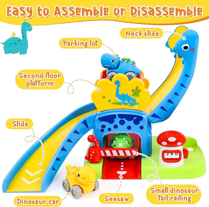 Toddler Toys for 1 2 Year Old Boy Gifts, Dinosaur Slide with 4 Dino Cars Montessori Learning Toys for Baby 12-18 Months, Educational First Birthday Gifts for Kids, Girls, Push Track for Toddlers 1-3