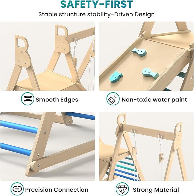 BlueWood 4 in 1 Indoor Jungle Gym, Foldable Wooden Climbing Set with Swing, Slide, Ladder and Climbing Wall