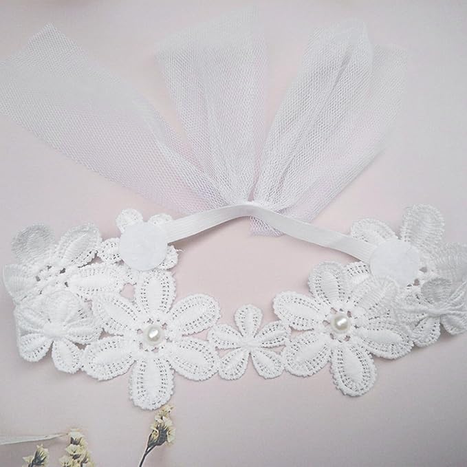 Baby Girls Flower Headbands Cute Kids Christening Headband Soft Lace Hairbands Floral Crown Newborn Infant Toddlers Hair Accessories for Birthday Party Photography(Big White Flower)
