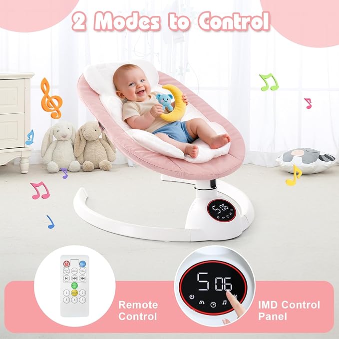 Soobaby Baby Swing for Infants,Electric swingfor Babies,Portable Swing for Baby Boy Girl,Remote Control Indoor Baby Rocker with 5 Sway Speeds,Music and Bluetooth,Hot Pink