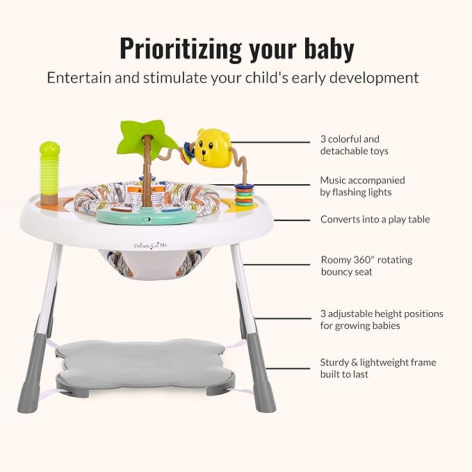Dream On Me Curio Sit N Seek Baby Activity Center in Mint, 2 in 1 Activity Center and Play Table with 3 Detachable Toys and Music, 3 Level Height Adjustable Positions