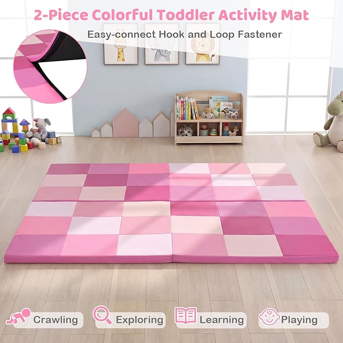 Costzon Toddler Foam Play Mat, Foldable Pink Baby Crawling Mats 58-Inch Square Soft Non Skid Daycare Floor Mat, Thicken Waterproof Memory Activity Play Mat for Home, School, Kindergarten or Nursery