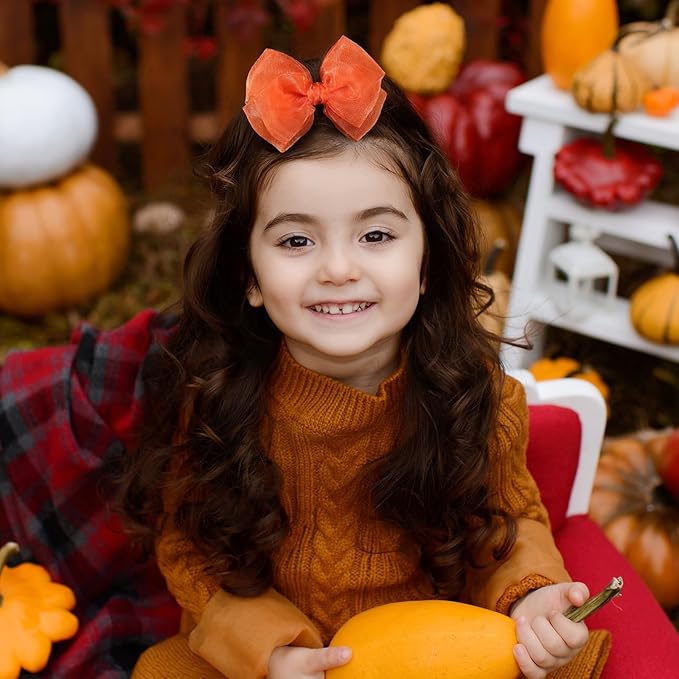 Happy Fall Mesh Ribbon Hair Bow Clips 4" Orange Red Organza Double Tulle Bow Alligator Barrettes Hairpins Give Thanks Day Outfit Decor Accessory Gift For Teens Toddler Girls Kids