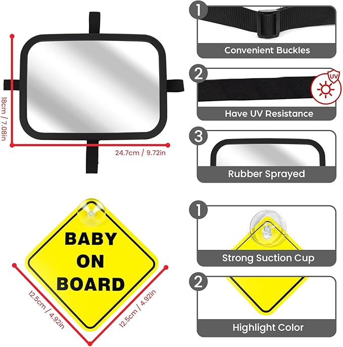 Baby Car Mirror for Rear Facing Infant with Wide Crystal Clear View, Shatterproof, Adjustable, Safety and Stable, Crash Tested and Certified (Black)