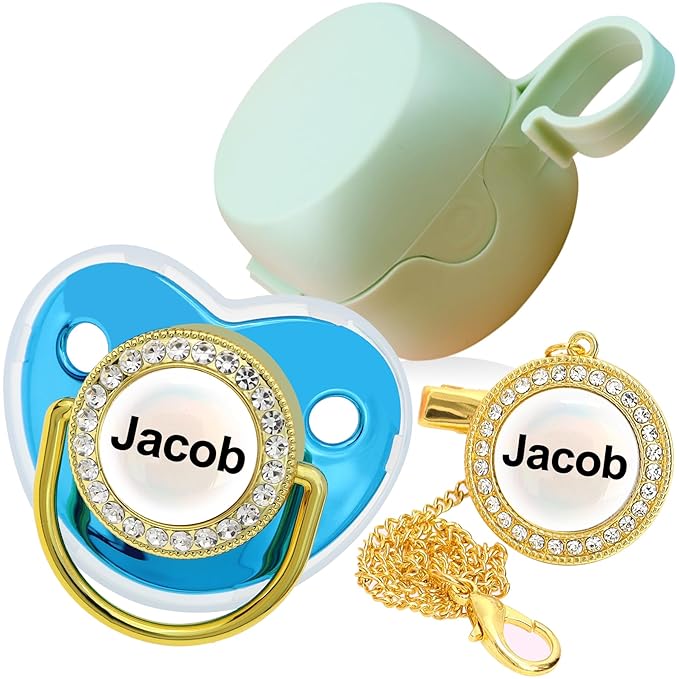 Personalized Pacifier with Name, Bling Gold Pacifier Clip Set Storage Box, Customized Glitter Crystal Luxurious Soother Ideal Gift for Boys Baby Shower Photography Newborn (Blue-Green)
