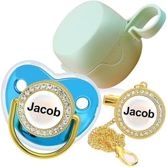 Personalized Pacifier with Name, Bling Gold Pacifier Clip Set Storage Box, Customized Glitter Crystal Luxurious Soother Ideal Gift for Boys Baby Shower Photography Newborn (Blue-Green)