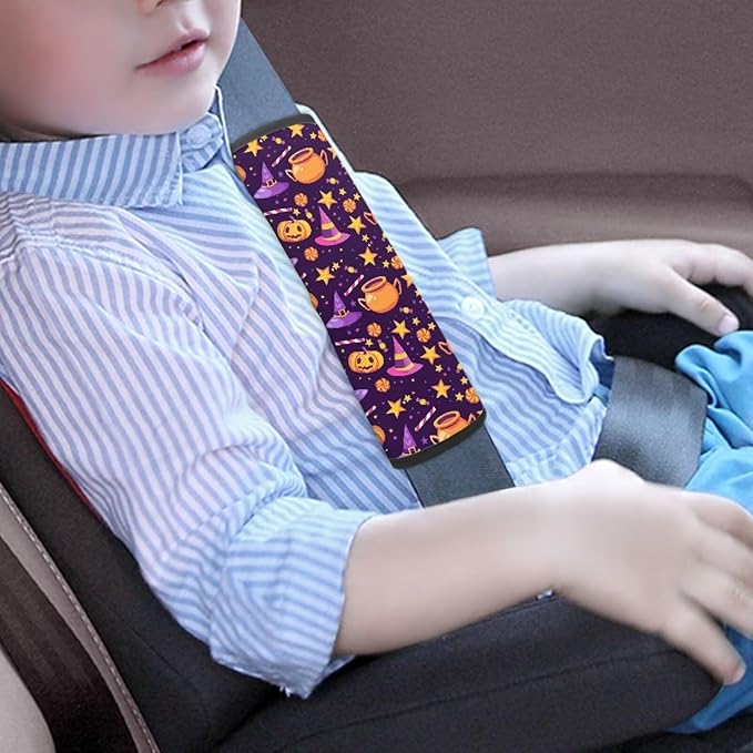 Biyejit Halloween Car Seat Straps Shoulder Pads for Baby Kids, 2 Pack Boys Girls Super Soft Seat Belt Covers for All Car Seats/Pushchair/Stroller, Starry Hats Pumpkins