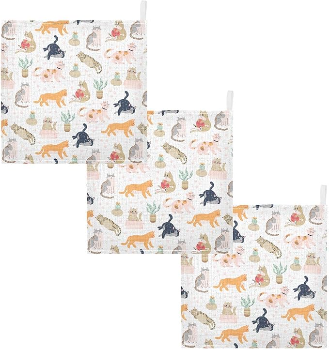 vvfelixl Baby Washcloths Cotton Funny Cats Cactus Baby Muslin Washcloths Soft Baby Face Towel for Newborn Infants Baby Wipes, 11.8 X 11.8 Inch, 3 Pack