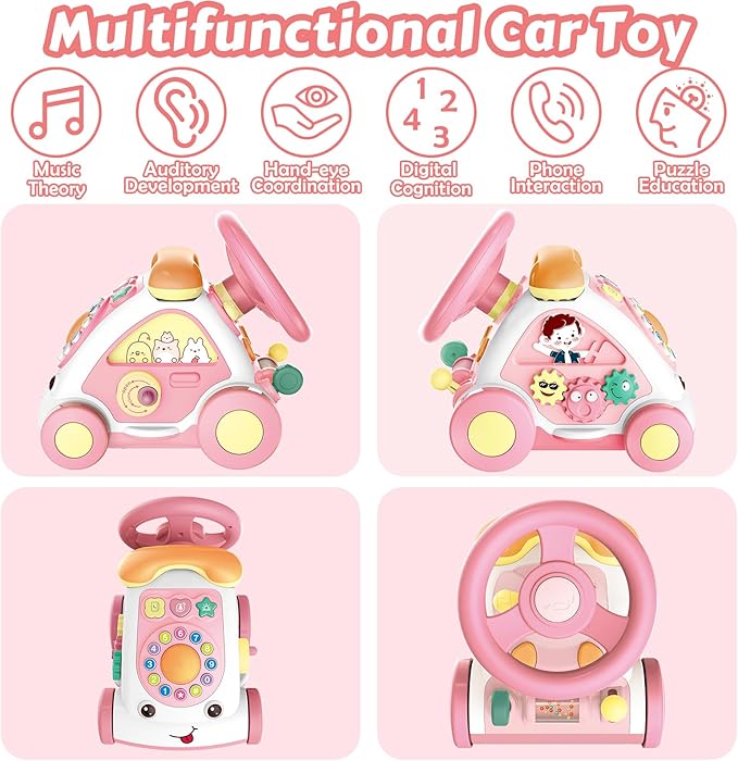 Toddler Toys for 1+ Year Old Girls - Music Toys Age 1-2 Learning Toys with Car/Sound/Music/Steering Wheel/Telephone/Lights Multi-Functional Car Early Educational Birthday Gift for Girl