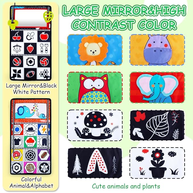 Tummy Time Sensory Toy Infant Toys Newborn High Contrast Development Toy with Crinkle Cloth Book & Teethers Strengthens Neck & Core, 2 3 4 5 0-6 Month Montessori Crawling & Visual Stimulation Toys