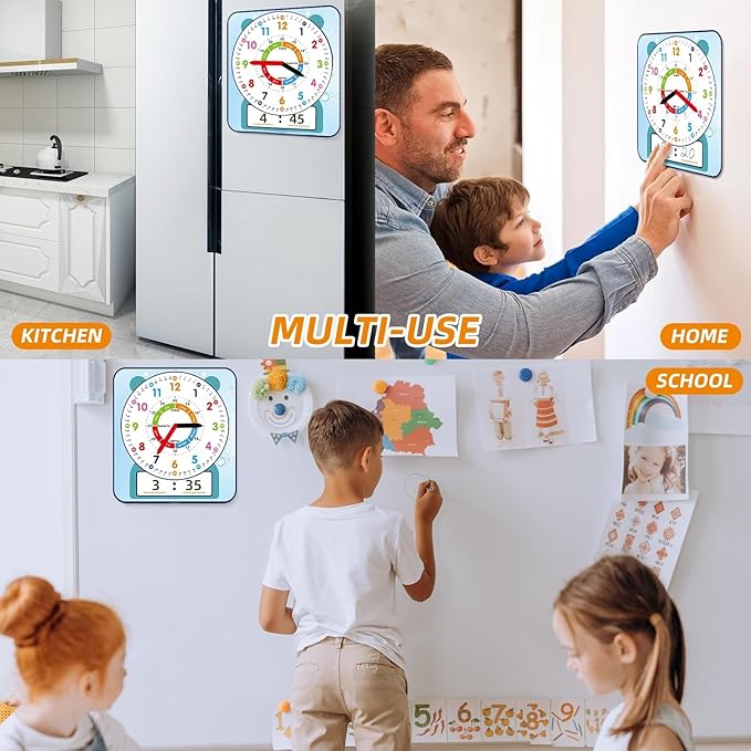 ANCOMEDO 2 Pack Magnetic Writable Dry Erase Teaching Clock, Large 12" Teaching Demonstration Clock for Kids Learning Time with Cute Style for Home School Classroom Supplies(12" x 11")
