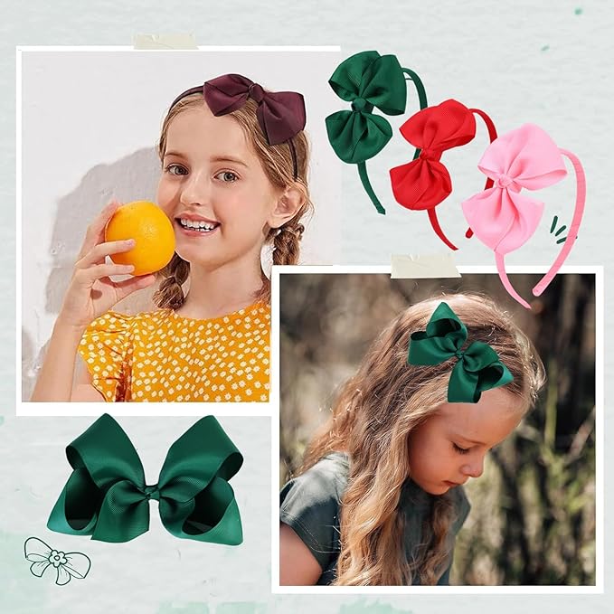 Bow Headband & 2 Pcs 4 Inch Hair Bows Set, Black School Hair Accessories for Little Toddler School Girls (Red)