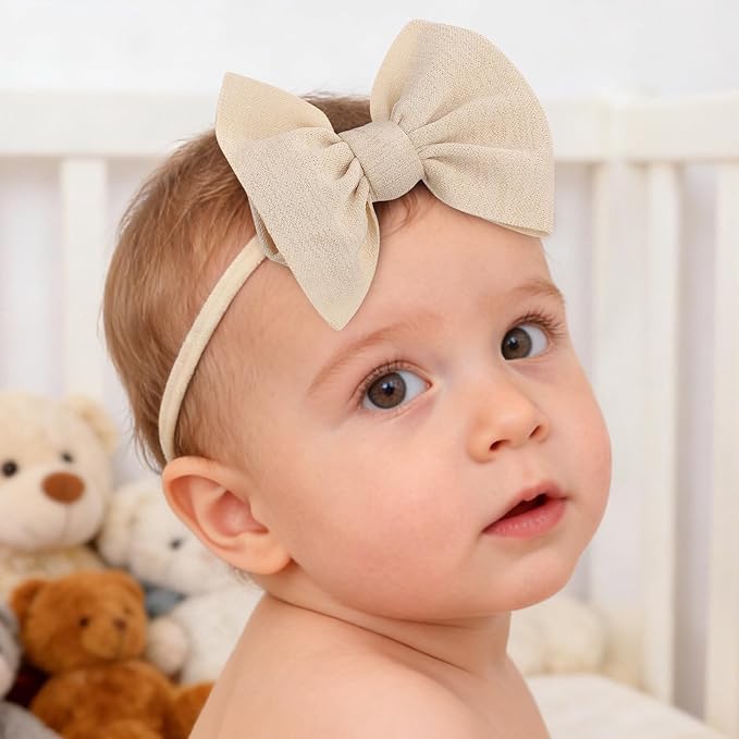 yoyokid 3PCS 4" Baby Girls Bow Headband, Elastic Nylon Hairbands Soft Baby Hairbands with Bows Hair Accessories for Newborn Infant Toddler, Beige Black White