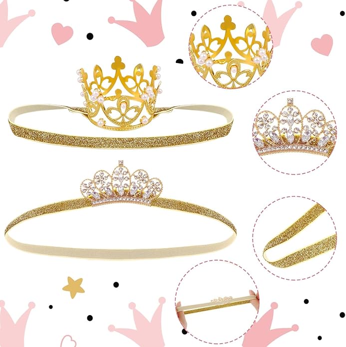 2PCS Gold Baby Tiara Glitter Baby Crown Headband Crystal Crown Hair Belt for Little Girl Infant Princess Tiaras Birthday Elastic Hair Band for Photography Headband Props