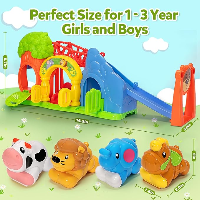 BAYSING Toys for Toddler 1, 2, 3 Year Old Boy and Girl, Zoo Animal Slide Playset with 4 Animal Cars, Open-Ended Interactive Toy for Cultivate Imagination, Gifts for 12-18+ Months Kids